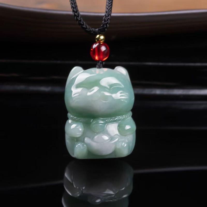 Women Fashion Designer - Natural Emerald Jade Lucky Cat Pendant
