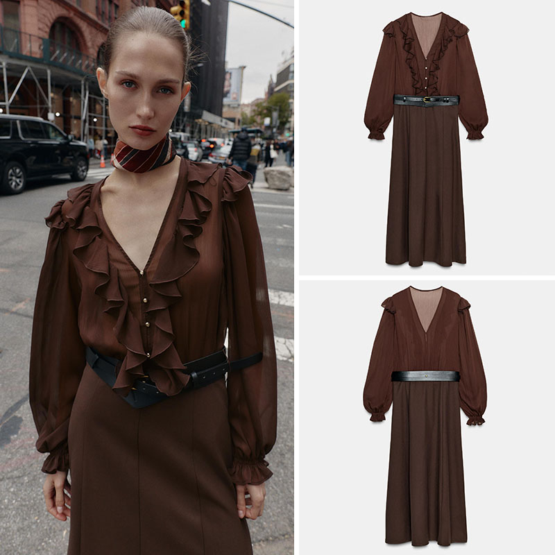 Women'S Young Fashion - Elegant V-Neck Long Sleeve Midi Dress