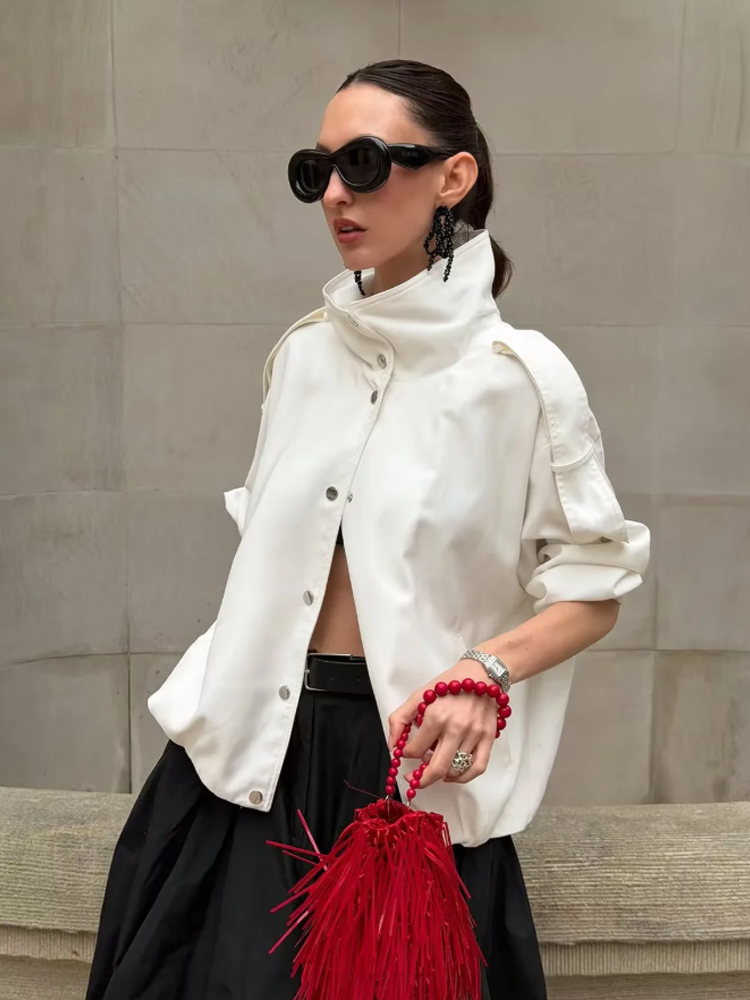 White High Collar Cropped Tren - Women'S Fashion Utility Jacket ulasan dan harga