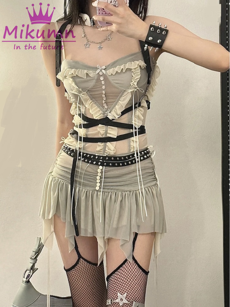 Y2k Two Piece Set Outfit Aesth - Asymmetric Top Women ulasan dan harga