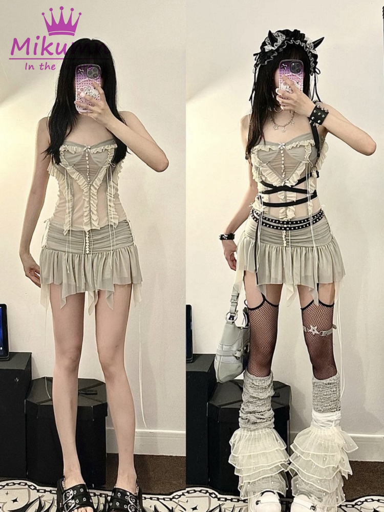 Y2k Two Piece Set Outfit Aesth - Asymmetric Top Women ulasan dan harga