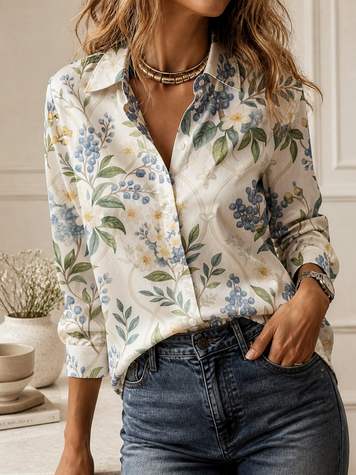 Casual All-match Collared Blou - Trend Women Fashion ulasan dan harga
