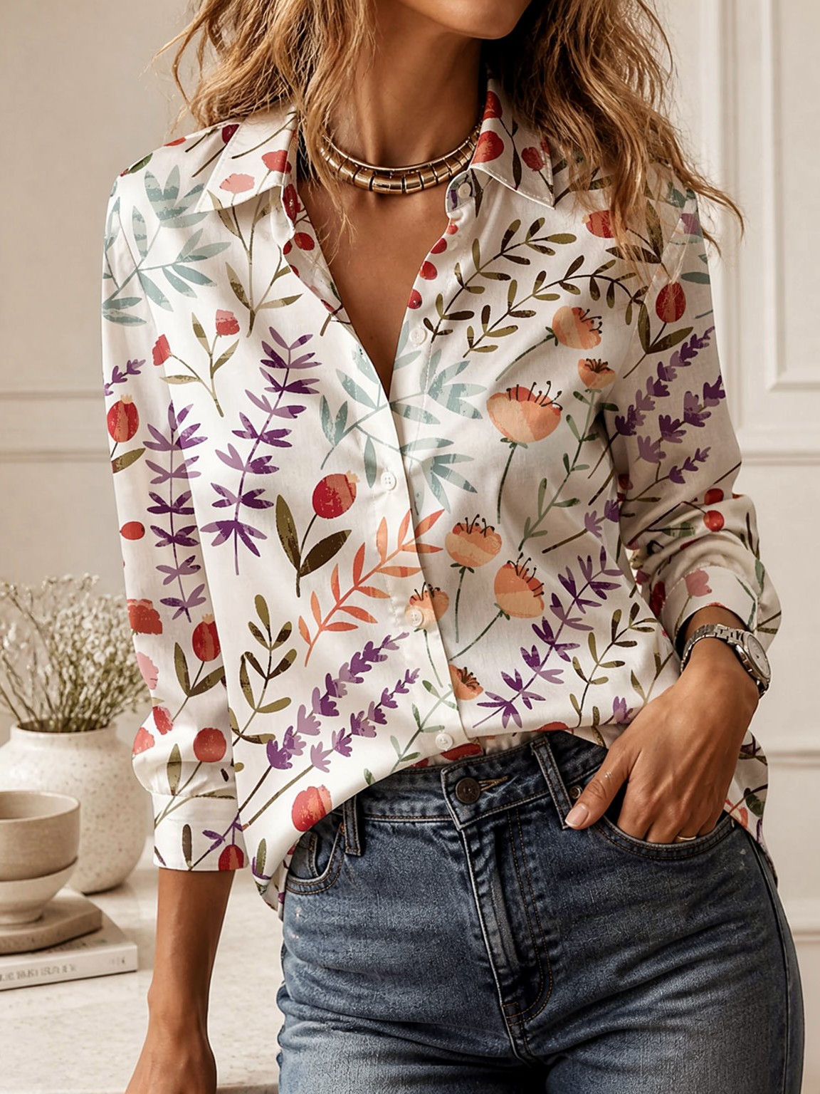 Casual All-match Collared Blou - Trend Women Fashion ulasan dan harga